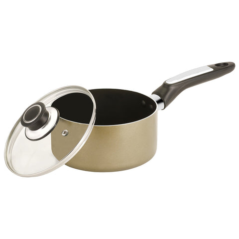Aluminium Sauce Pan With CD Bottom, Heat-Resistant Exterior, Strong Bakelite Handle, Tempered Glass Lid With Steel Frame Gold