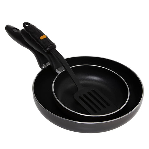 2-Piece Non-Stick Fry Pan Set – 18CM & 26CM Aluminium Frying Pans with Slotted Turner, Durable Granite Coating, Heat-Resistant Handles, Value Kitchenware Set for Sautéing, Frying & Everyday Cooking Black