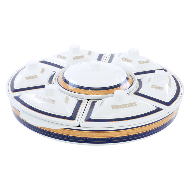 Revolving Serving Tray 10" Side Serving Bowls With Lid x6 10" Round Center Bowl With Lid x1 22.5" Round Tray 1 pc 360 Drgee Roating Base Blue/White/Beige 35cm