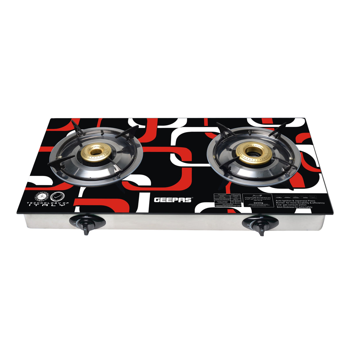8mm Thick Tempered Gas, Auto Piezo Ignition Double Gas Burner, Stainless Steel frame & Tray, LPG With 5000 pa, Heavy Cast Iron Mixing Tube, Enamel Pan Support GK6758 Multicolour