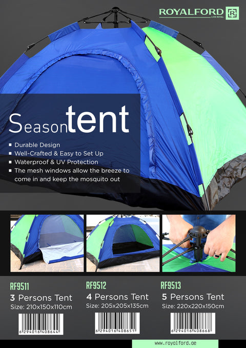 RF9512 Season Tent 205x205x135 Cm - Portable UV/ Waterproof Camping Tent | Ventilated Mesh Window | Ideal for 3 -4 Person | Perfect for camping, hiking, backpacking or festivals