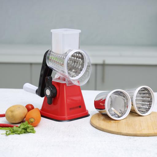 Rotary Grater with 3 Interchangeable Stainless Steel Blades | Manual Vegetable Slicer & Cheese Grater | Suction Base | Dishwasher Safe | Red & Black