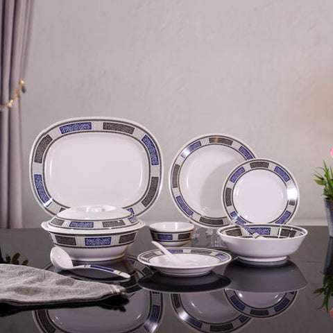 Royalford 70 Piece Melamineware Dinner Set- RF12675/ Includes Deep, Flat and Oval Plates, Serving Bowls and Rice Spoon, Soup Spoons and Ladle/ Dishwasher-Safe and Freezer-Friendly Multicolor