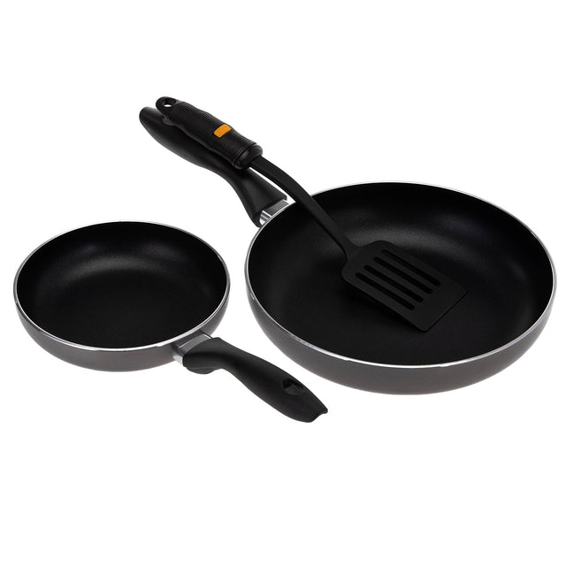 2-Piece Non-Stick Fry Pan Set – 18CM & 26CM Aluminium Frying Pans with Slotted Turner, Durable Granite Coating, Heat-Resistant Handles, Value Kitchenware Set for Sautéing, Frying & Everyday Cooking Black