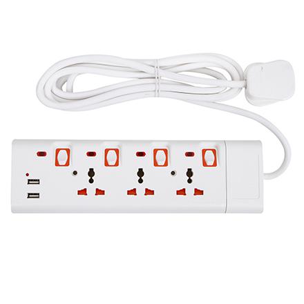 Geepas 3 Way Extension Socket with 2 USB Port - 4 Led Indicators with Power Switches | Extra Long 3m Cord, Over Current Protected | Ideal for All Electronic Devices