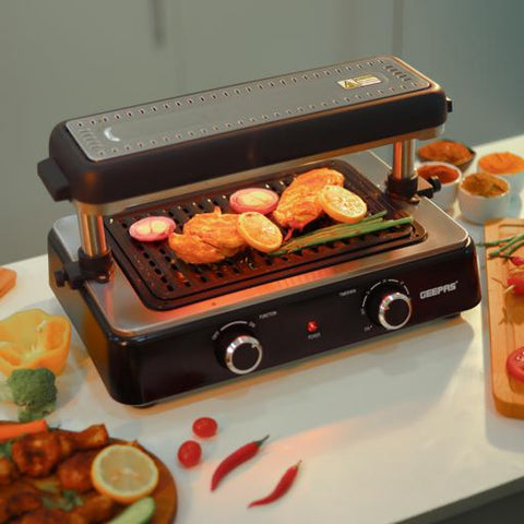 Geepas Fast Indoor Grill, With Drip Tray for Easy Cleaning, and Thermostat Control for Versatile Cooking, Perfect for Sizzling Steaks, Searing Vegetables, Toasting Breads and Buns 1400 W GBG63060 Silver/ Black