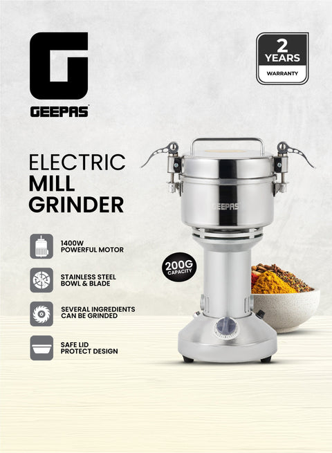 Geepas 1400W Electric Coffee & Spice Grinder - Stainless Steel Bowl & Blade, 200g Capacity, Heavy Duty Multi-Purpose Mill for Seeds, Nuts & Grains - Silver GCG41025 Silver