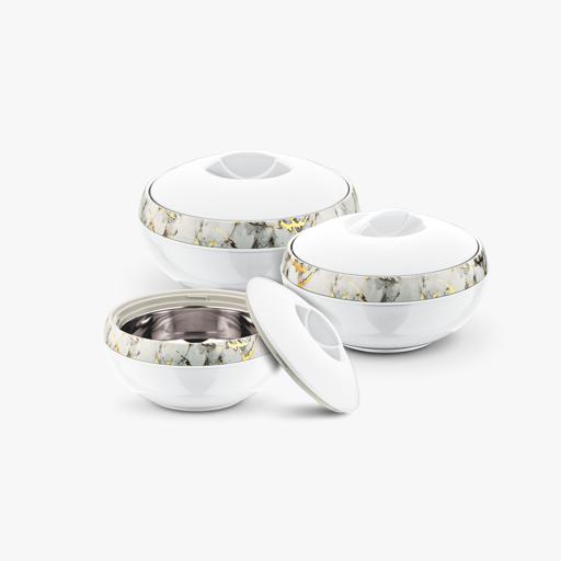 Supremo Insulated Casserole Set of 3 – RF11940 | 1000ml, 2500ml & 3500ml Hot Pots | PP Body with Stainless Steel Inner | PU Insulated Food Warmer | White & Grey