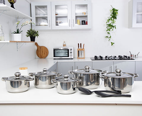 12PCS Stainless Steel Cookware Set, Ergonomic Grip, Induction Safe Casserole/Saucepan Pots with Lid, and Nylon Slotted Turner -Riveted Handles, Chrome Finish Stainless Steel Body Stainless Steel 26x12.8cm