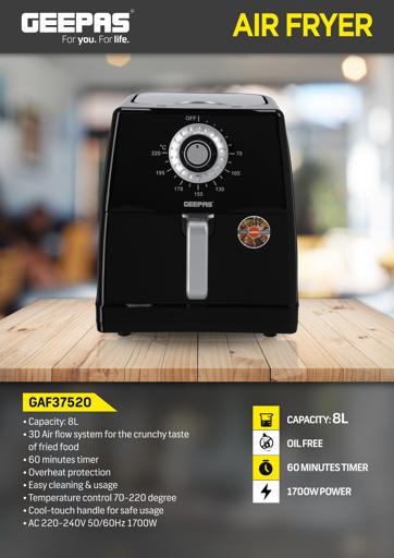 Air Fryer GAF37520 is a kitchen appliance under the Geepas Electronics brand. 8 L 1700 W GAF37520 black