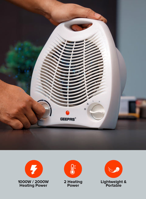 Fan Heater 2 Heating Power 1000W/2000W | Instant Heating, Adjustable Thermostat | Overheat Protection | Power Light Indicator | Carry Handle 2000 W GFH9518 White