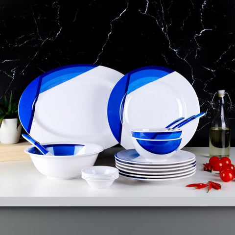 35-Piece Melamine Dinner Set RF6971 | White & Blue | Food-Grade, Dishwasher Safe & Break Resistant