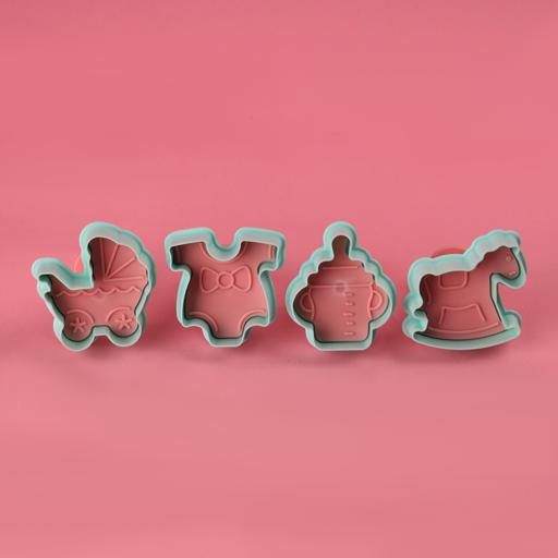 Baby Theme Cookie Cutter Set of 4 | Fondant & Biscuit Cutter with Handle | Pram, Baby Dress, Rocking Horse & Feeding Bottle Shapes