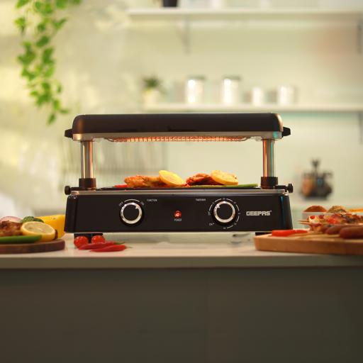 Geepas Fast Indoor Grill, With Drip Tray for Easy Cleaning, and Thermostat Control for Versatile Cooking, Perfect for Sizzling Steaks, Searing Vegetables, Toasting Breads and Buns 1400 W GBG63060 Silver/ Black