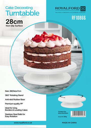RF10866 28CM Cake Decorating Turntable | 360° Rotating Cake Stand with Anti-Skid Base | Plastic Icing & Frosting Stand for Cake Decoration, Leveling & Baking | White