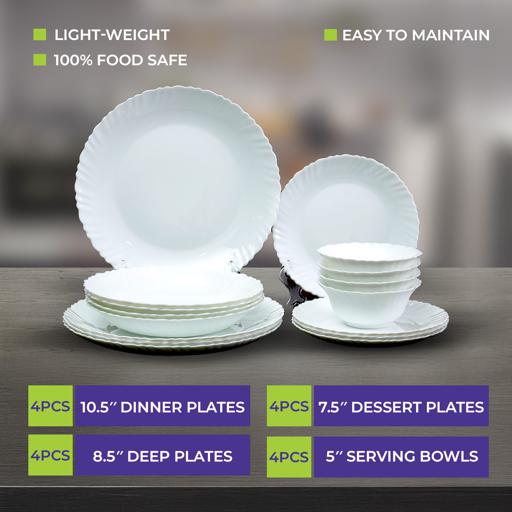 16-Piece Classic Opalware Dinner Set | Service for 4 | Dinner Plates, Deep Plates, Dessert Plates & Bowls | Microwave, Dishwasher & Freezer Safe | White