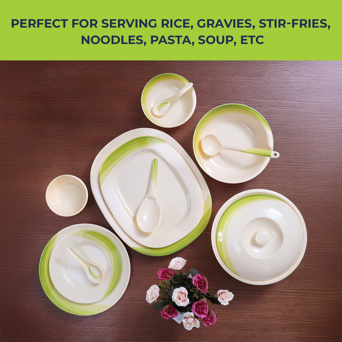 64 Piece Melamineware Dinner Set RF8101 Oval Plates Dinner Plates Dessert Plates Round Bowls Soup Bowls Rice Spoons and Spoons Beige/Green
