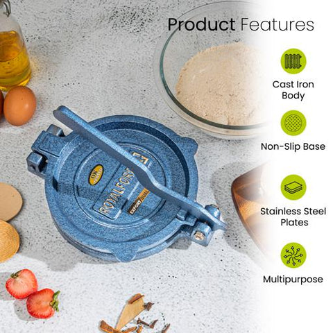20cm Chapati Press with Stainless Steel Plate – Heavy Cast Iron Body for Perfect Roti, Chapati & Tortilla Multicolour 20cm