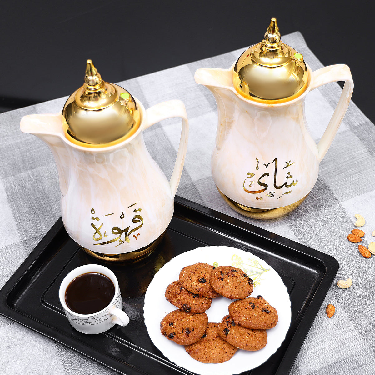Portable Marble Tea & Cawa Set 2-Piece | 1L + 1L Insulated Vacuum Flask Set | Leak-Resistant | Yellow Marble