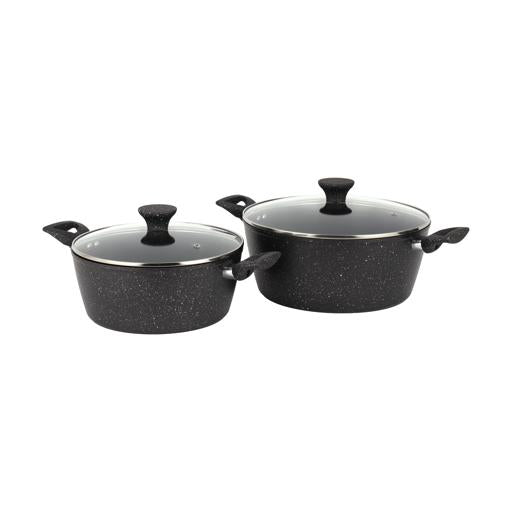 Royalford Prido 8-piece Forged Aluminum Cookware Set- RF12771/ Durable Nonstick Ceramic Coating with 4-Layer Construction, Tempered Glass Lid/ Includes Casseroles, Wokpan, Saucepan, Fry Pan, Pizza Pan, PFOA and PTFE Free/ Black