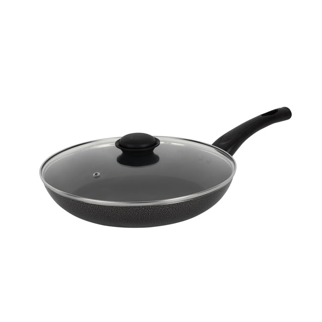28CM Aluminium Non-Stick Fry Pan with Glass Lid – Deep Saute Pan for Gas Hob Cooking, Durable Granite Coating, Ergonomic Cool-Touch Handle, Ideal for Frying, Sautéing & Stir-Frying – Black Black 28 cmcm