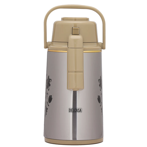 3000 ML Delcasa Airport Flask with Double Wall Vacuum Insulation and Pump Mechanism | 360-Degree Rotating Base, Asbestos-Free Pink Glass Inner, Splash-Proof Design with Adjustable Nozzle| Keeps
