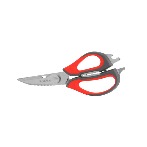 Delcasa 9" Multipurpose Kitchen Scissors- DC3197/ 7-in-1 Design, with Stainless Steel and PP TPR Handle, Dishwasher Safe/ Perfect for Cutting Meat, Poultry, Fish Scaler, Peel Vegetables, Fruits, Nut Cracker, Screw, Bottle Opener/ Red