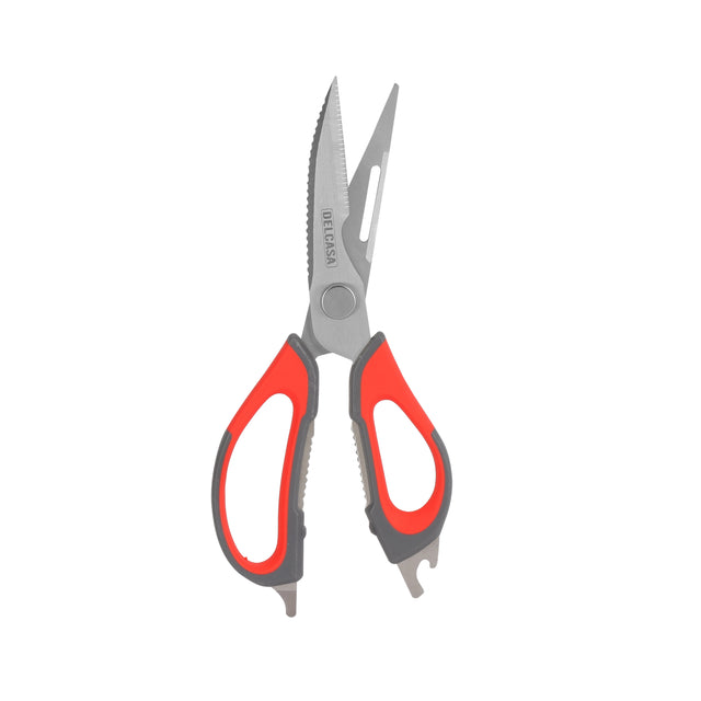 Delcasa 9" Multipurpose Kitchen Scissors- DC3197/ 7-in-1 Design, with Stainless Steel and PP TPR Handle, Dishwasher Safe/ Perfect for Cutting Meat, Poultry, Fish Scaler, Peel Vegetables, Fruits, Nut Cracker, Screw, Bottle Opener/ Red