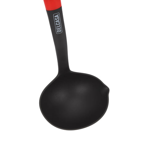 Delcasa Nylon Soup Ladle- DC3226/ with PP Hand, Ideal for Serving Soups, Curry, Sauces, Etc./ Deep Spoon with a Comfortable Handle/ Elegant and Lightweight Design, Food-Grade with Wide Bowl/ Black and Red