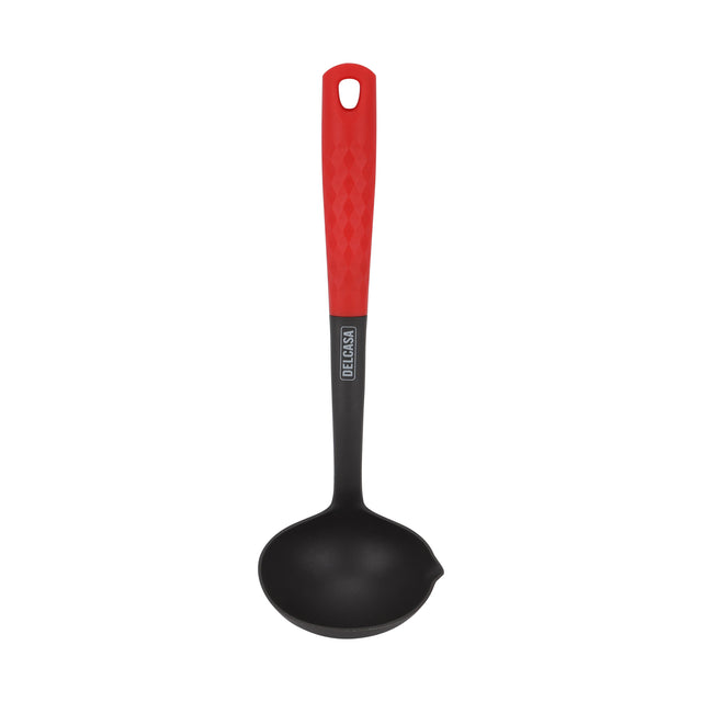Delcasa Nylon Soup Ladle- DC3226/ with PP Hand, Ideal for Serving Soups, Curry, Sauces, Etc./ Deep Spoon with a Comfortable Handle/ Elegant and Lightweight Design, Food-Grade with Wide Bowl/ Black and Red