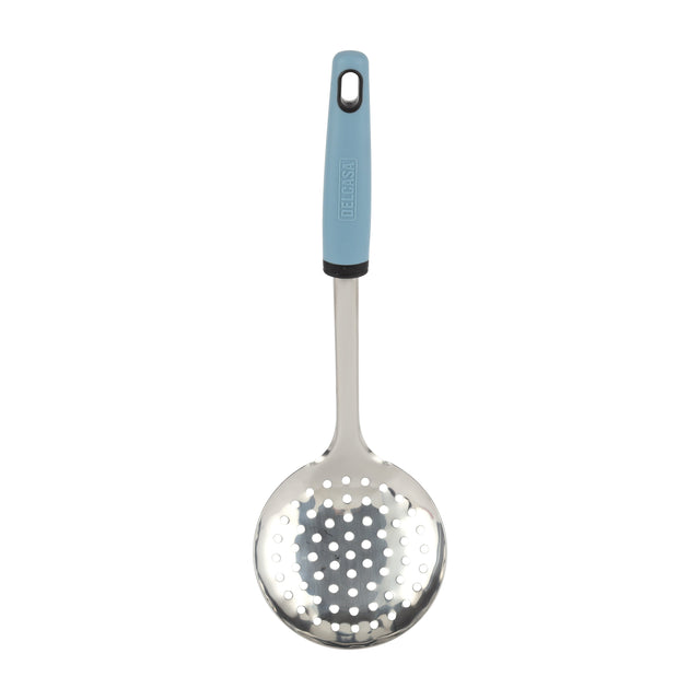 Delcasa Stainless Steel Skimmer- DC3355/ with Stylish Long PP Handle, Ideal for Cooking, Drain and Serving Food/ Food-Grade, Elegant and Lightweight Design/ Silver and Blue