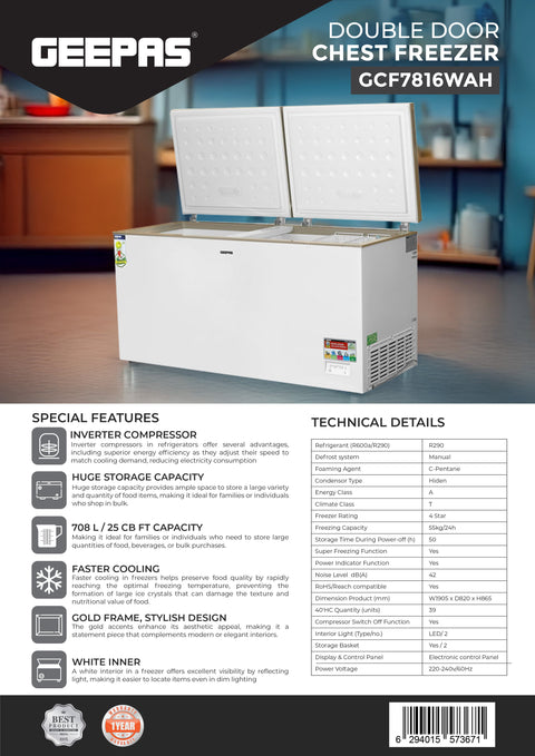 Double Door Chest Freezer, 708L (25.0 Cubic Feet) Storage, Faster Cooling, Gold Frame, White Interior, Hidden Compressor 240 W GCF7816WAH White/Golden