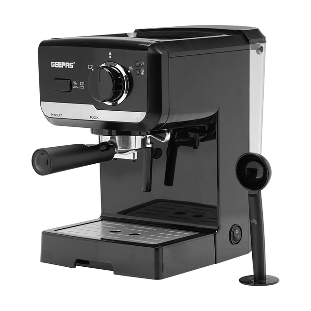 Geepas Gcm41507 1.25L Cappuccino Maker 1140W - 15 Bar Power Brewing Pump, Dual Stainless Steel Filters | 2 Years Warranty, Black