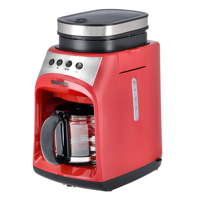 Grinder & Drip Coffee Maker, 4 cups| Washable Filter | Non-Stick Coating Keep Warm Function | Filter Holder & Grinder | Water Level Gauge 0.6 L 600 W GCM41512 Red