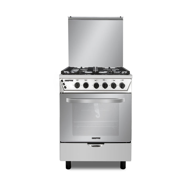 60x60 Free Standing Cooking Range: 4 Burners, Auto Ignition, Grilling, Oven Lamp, & Transparent Glass Top GCR6060FSE Silver