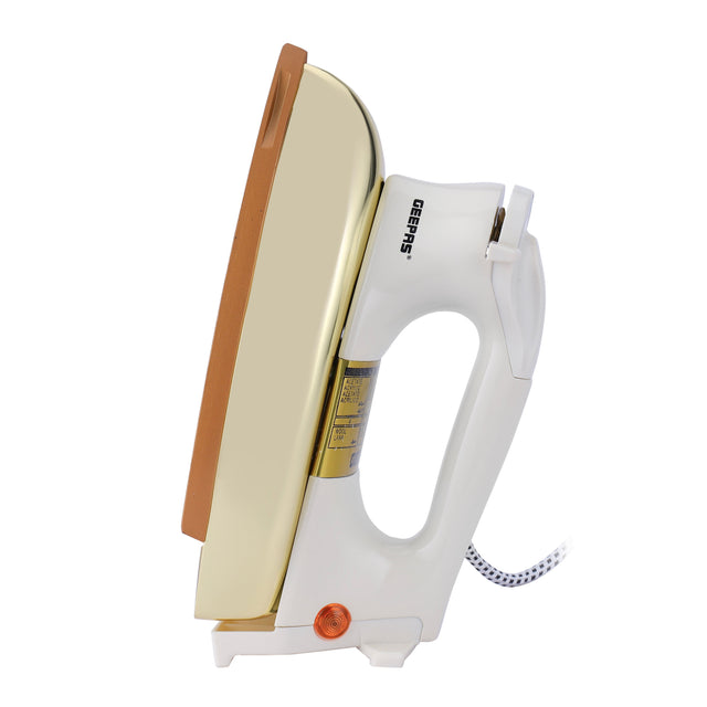 Geepas 1000W Dry Iron GDI2750 – Teflon Soleplate, Auto Shut-Off, Overheat Protection, White/Gold