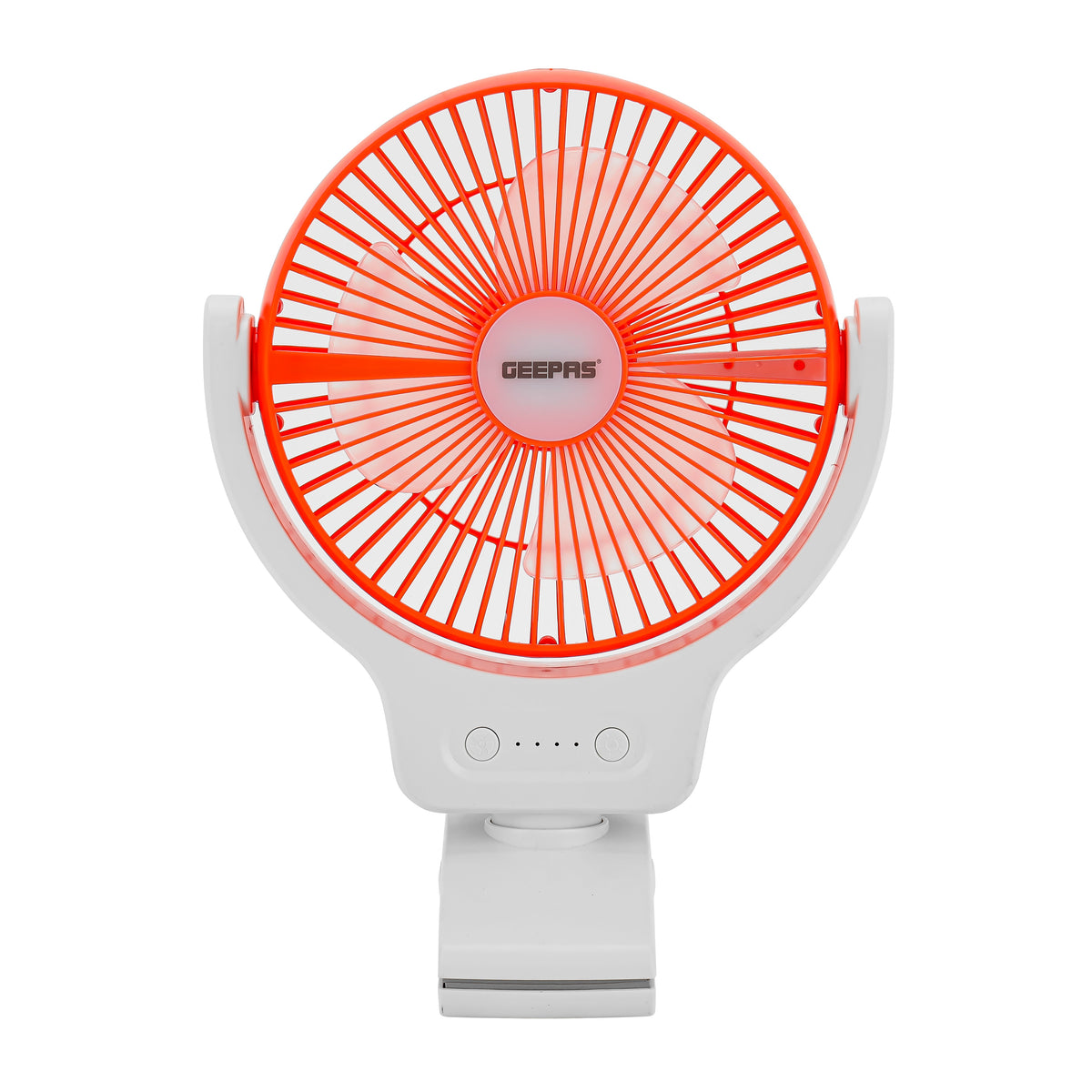 8 Inch Multi Angle LED Clip Fan, 9 Hours Working Time, AC/DC Function, 1500 mAh Lithium Battery, Two Level LED, Up/Down Tilting, Charging Indicator, Full Charged Indicator, Working Indicator GF21121 Orange & white