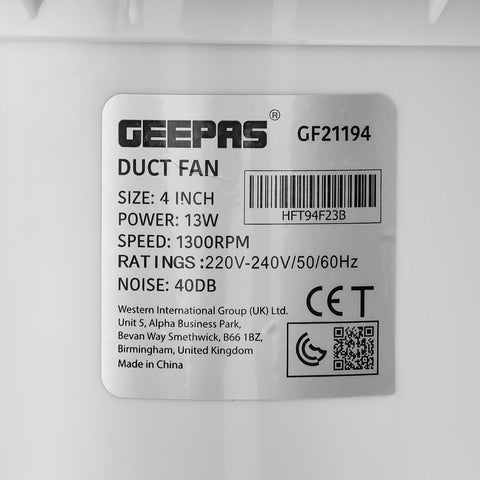 4” Duct Fan, Rust Free, Speed- 1300 RPM, ABS Material, Ideal For Kitchen & Bathroom, 13W Power, Air Volume-150M3H, Noise-40dB 13 W GF21194 White