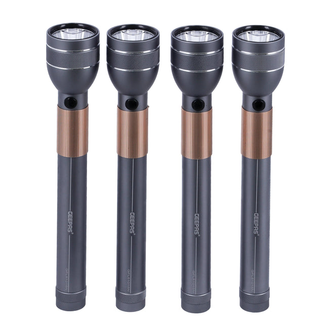 4 In 1 Rechargeable Waterproof LED Flashlight - 330 Lumens Super bright Light with 4 Hours Continuous Working| Ideal for Camping, Trekking, Patrolling & More Gunmetal & Golden