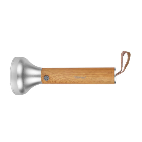 Geepas Rechargeable LED Flashlight- GFL51082/ Wooden Finish, Type C Charging, 5 Hours Working/ 3 Lighting Modes, with Easy Carry Strap, Perfect for Indoor and Outdoor Use, Small and Lightweight/ Silver and Brown, 2 Years Warranty