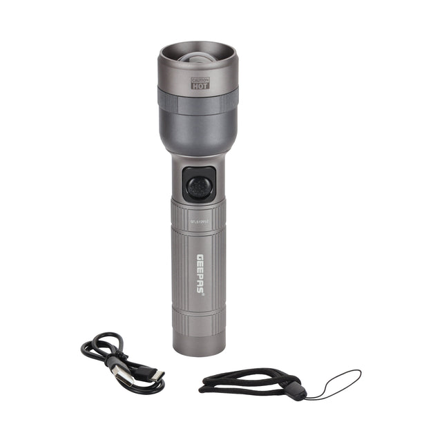 Zoomable Rechargeable LED Flashlight – 20W 1500 Lumens, 1000m Beam Range, Type-C Charging, Battery Level Indicator, 3000mAh Lithium Battery, Black