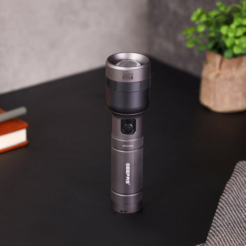 Geepas Zoomable LED Flashlight- GFL51096Z/ 30W, Perfect for Indoor and Outdoor Use, 10 Hours Continuous Working/ with Battery Level Indicator and Power Reminder, Lithium Battery, 2000 Lumens/ Black, Lifetime Warranty