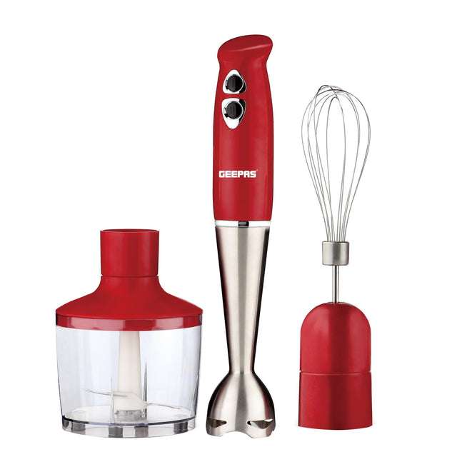 Hand Blender - Stainless Steel Blades with 2 Speed for Baby Food, Soup, Juice | 860ml Chopper Bowl & Electric Egg Whisk - 2 Years Warranty GHB6136 Red/Silver/Clear