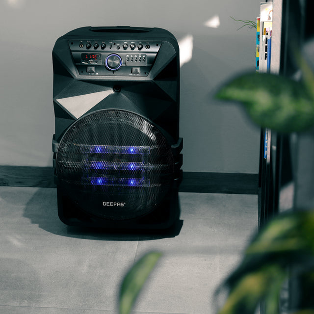 Geepas Rechargeable Professional Speaker- GMS11154| Bluetooth, TWS Function and FM Radio| Includes Two Wireless Microphones and a Remote Control| 60000W PMPO, Woofer: 15"| Recording Function, LED Display| Black, 2 Years Warranty