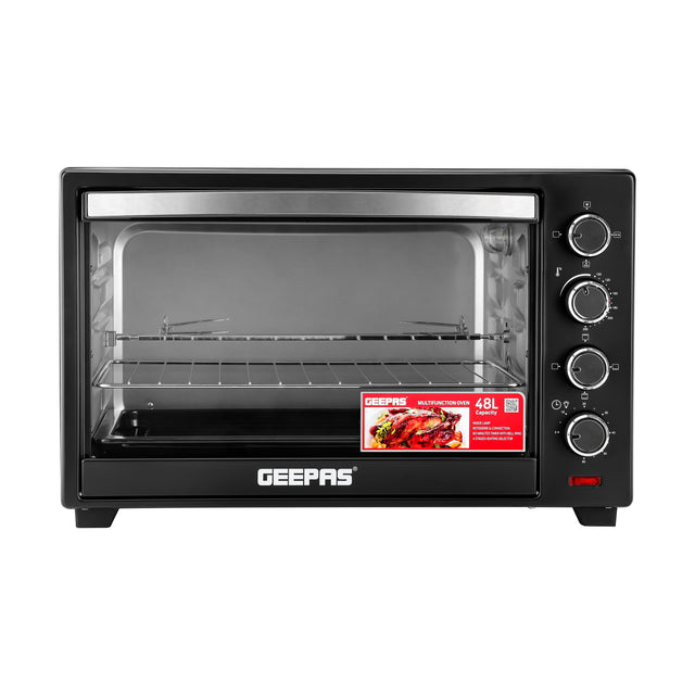 Electric Oven With Convection and Rotisserie Function 4 Knobs and Temperature 100-250-Degrees Celsius, 60 Minute Timer with Bell, Perfect for Grilling, Toasting and Roasting 48 L 2000 W GO4451N Black