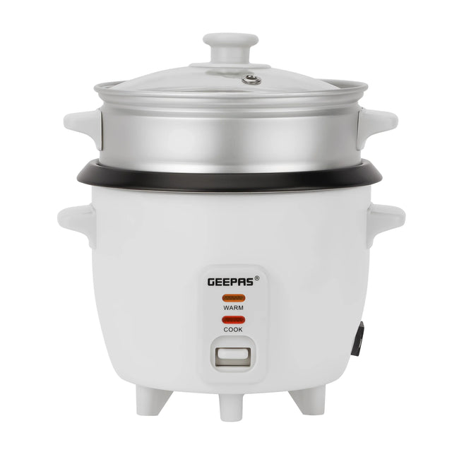 Geepas 0.6L Multifunctional Rice Cooker GRC4324 – 3-in-1 Cook, Steam & Keep Warm, Non-Stick Pot, Glass Lid, White