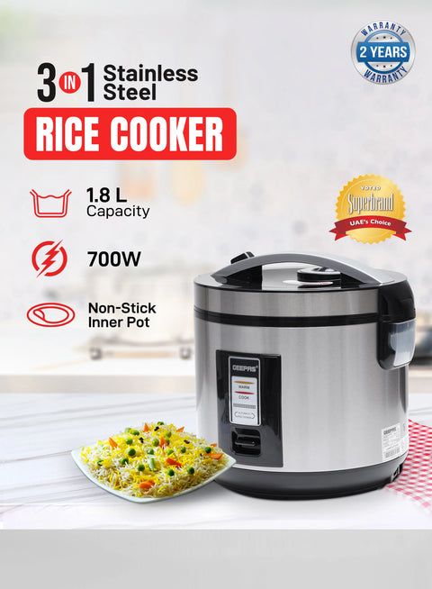 Automatic Rice Cooker With Non Stick Inner Pot, Stainless Steel Body And Plastic Steamer, Cook/Steam/Keep Warm Functions 1.8 L 762 W GRC4330N Silver/Black