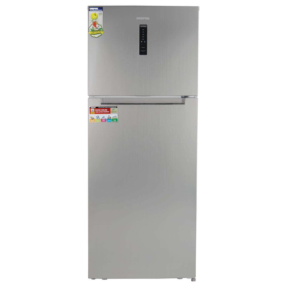Double Door No-Frost Refrigerator - 420L Gross Capacity (Freezer 95L/Refrigerator 325L), Multi-Airflow with Digital Temperature Control/ LED Interior Light and Unbreakable Glass Shelves/Large Crisper Drawer and Humidity Control 130 W GRF5202SXHN Silver