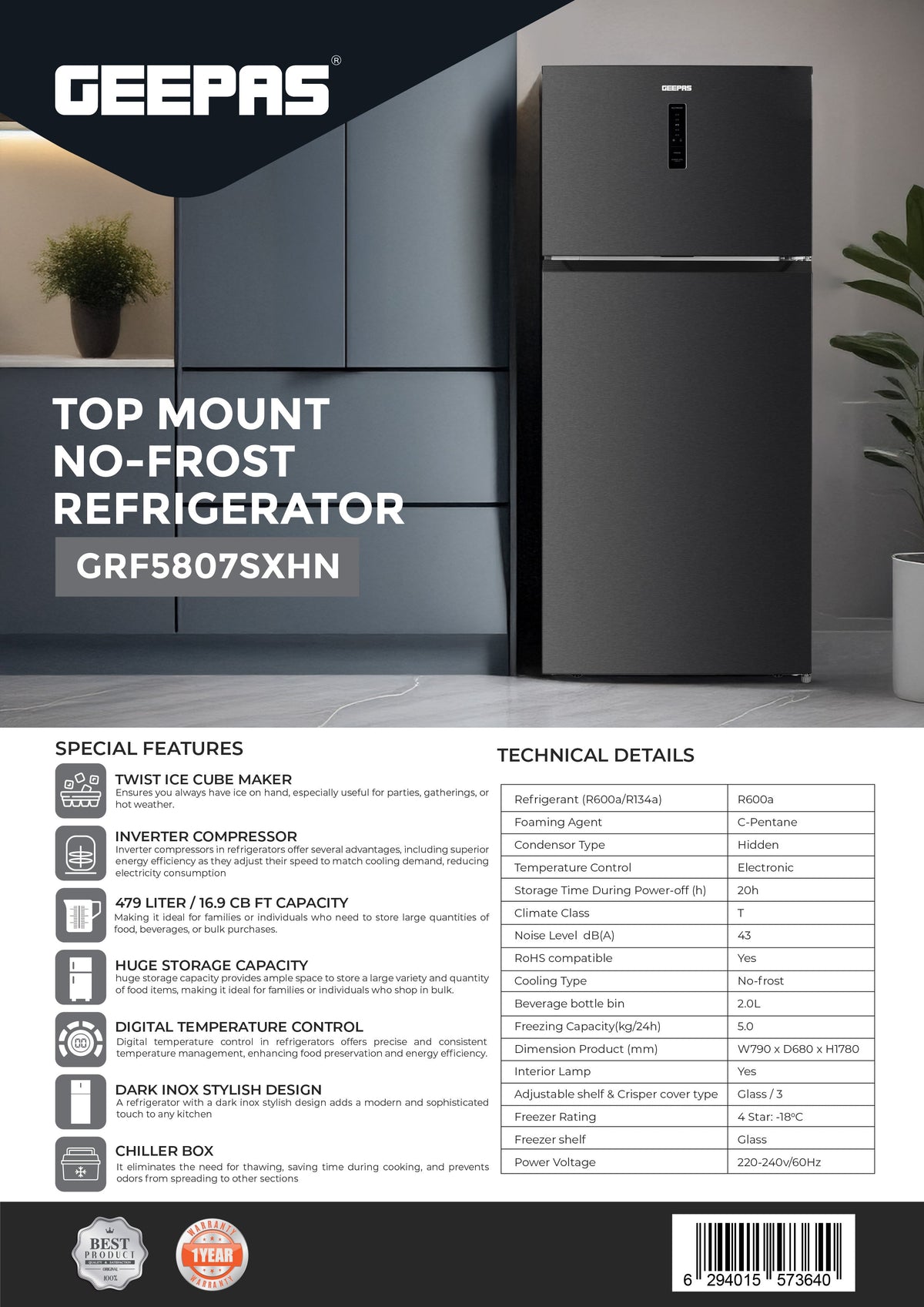 Total No-Frost Double Door Refrigerator with Adjustable Thermostat, Stainless Steel Premium Body Finish, Multi-Airflow, Recessed Chrome Handles, Tempered Glass Shelves, Chiller Fresh Box, Faster Cooling, LED Lighting 140 W GRF5807SXHN Grey