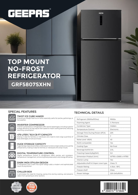 Total No-Frost Double Door Refrigerator with Adjustable Thermostat, Stainless Steel Premium Body Finish, Multi-Airflow, Recessed Chrome Handles, Tempered Glass Shelves, Chiller Fresh Box, Faster Cooling, LED Lighting 140 W GRF5807SXHN Grey